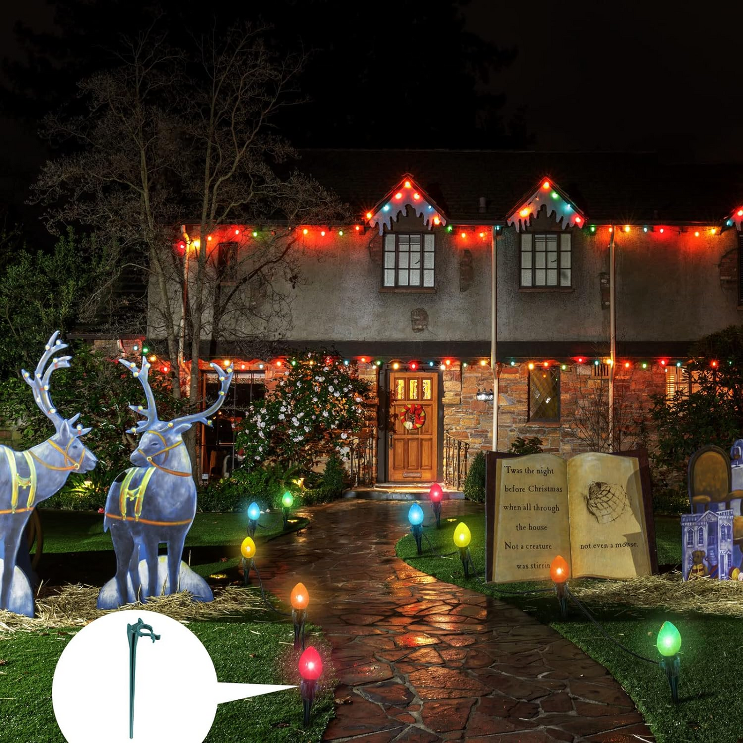Christmas Light Stakes Universal Yard Lawn Holiday Light Stakes for C7 C9 String Lights, 7.5 inches Ground Stakes for Christmas Outdoor Lights Holders on Yards, Driveways, Pathways (Green,50 Pieces)