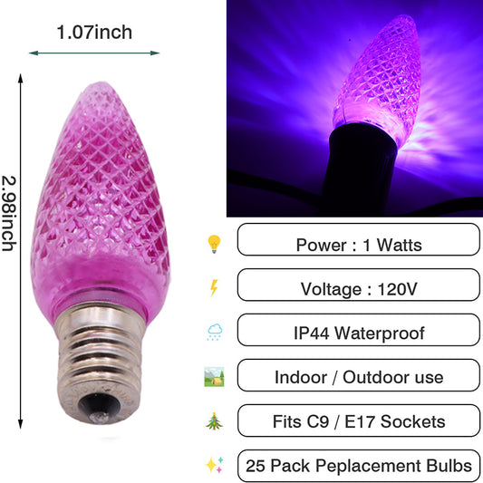 25 Pack C9 LED Replacement Christmas Light Bulb, C9 Shatterproof LED Bulb for Christmas String Light, E17 Intermediate Base, Commercial Grade Bulbs, 5 Diode (LED's)