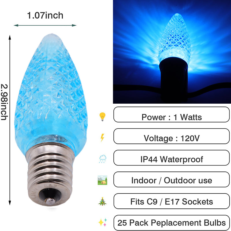 25 Pack C9 LED Replacement Christmas Light Bulb, C9 Shatterproof LED Bulb for Christmas String Light, E17 Intermediate Base, Commercial Grade Bulbs, 5 Diode (LED's-Water blue)