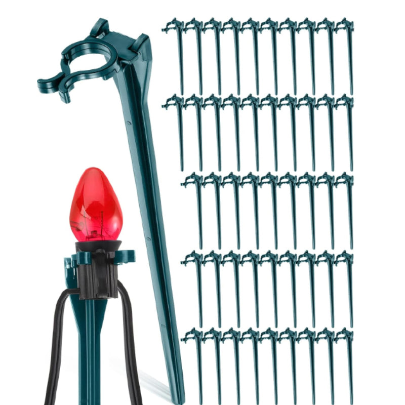 Christmas Light Stakes Universal Yard Lawn Holiday Light Stakes for C7 C9 String Lights, 7.5 inches Ground Stakes for Christmas Outdoor Lights Holders on Yards, Driveways, Pathways (Green,50 Pieces)