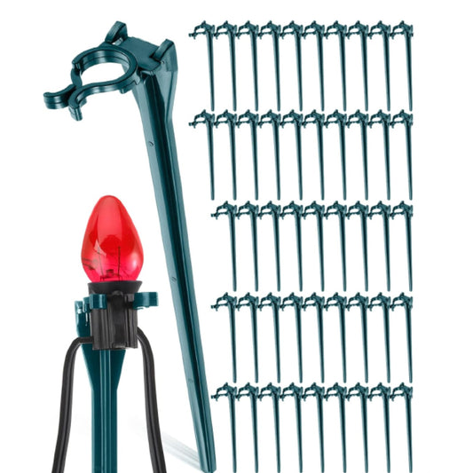 Christmas Light Stakes Universal Yard Lawn Holiday Light Stakes for C7 C9 String Lights, 7.5 inches Ground Stakes for Christmas Outdoor Lights Holders on Yards, Driveways, Pathways (Green,50 Pieces)