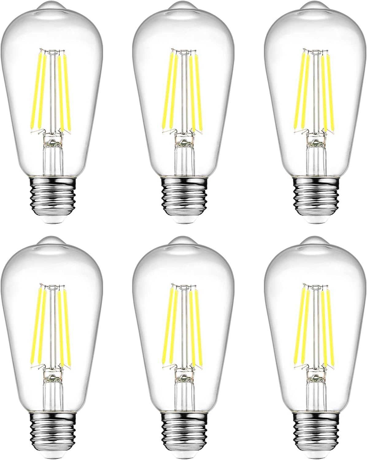 Vintage LED Edison Bulbs, 4W-6W-8W, Three light color options - warm yellow 3000k- Natural light 4000k- White light -6500k , E26 Medium Base, Non Dimmable, Clear Glass, Pack of 6