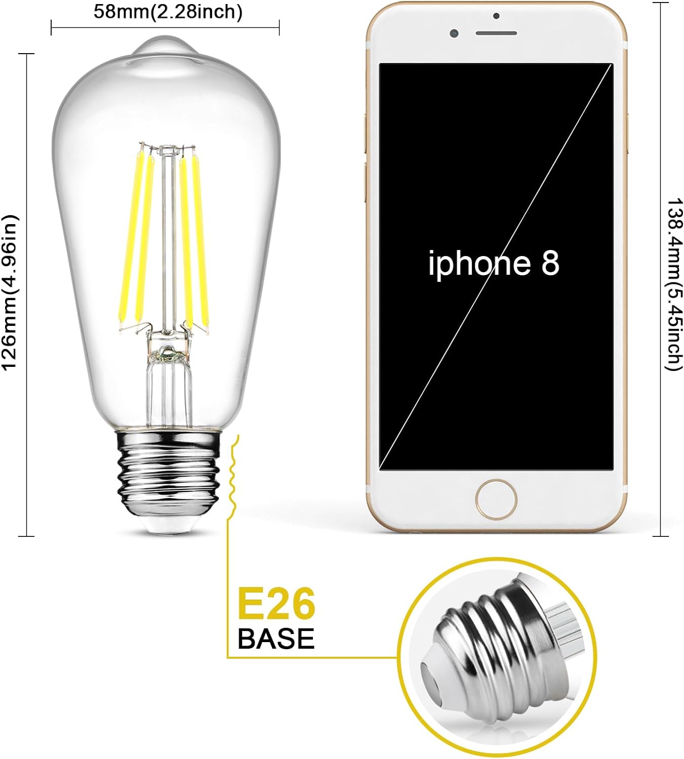 Vintage LED Edison Bulbs, 4W-6W-8W, Three light color options - warm yellow 3000k- Natural light 4000k- White light -6500k , E26 Medium Base, Non Dimmable, Clear Glass, Pack of 6