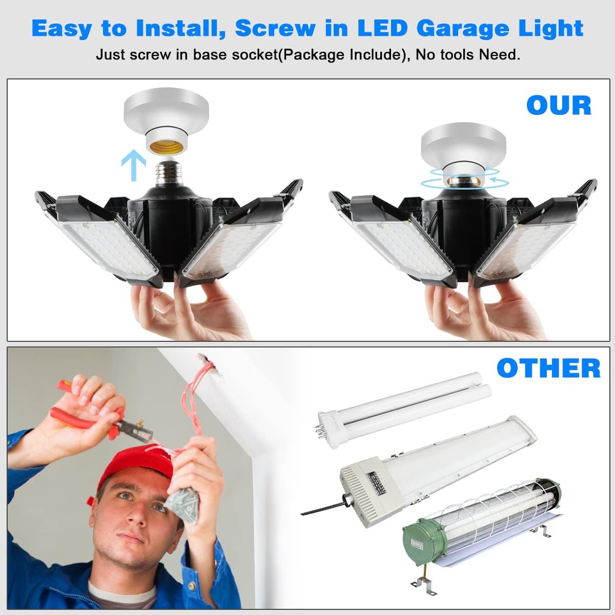 LED Garage Lights - 2 Pack Super Bright 32000LM LED Garage Ceiling Light 6500K LED Shop Light w/ 6 Deformable Panels Screw in E26/E27 Socket LED Bulbs for Workshop Storage Warehouse Attic