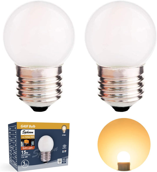 G40 1.5w Low Wattage Led Bulb Equivalent 15 Watt Standard E26 Base G14 Small Low Power Light Bulb, Frosted, Warm White 2700k, CRI 90+, 150lm, Pack of 2