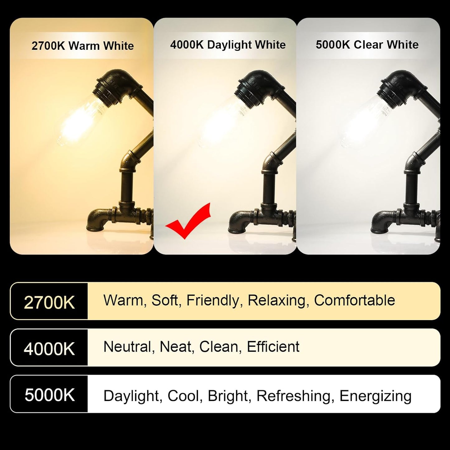 Vintage LED Edison Bulbs, 4W-6W-8W, Three light color options - warm yellow 3000k- Natural light 4000k- White light -6500k , E26 Medium Base, Non Dimmable, Clear Glass, Pack of 6