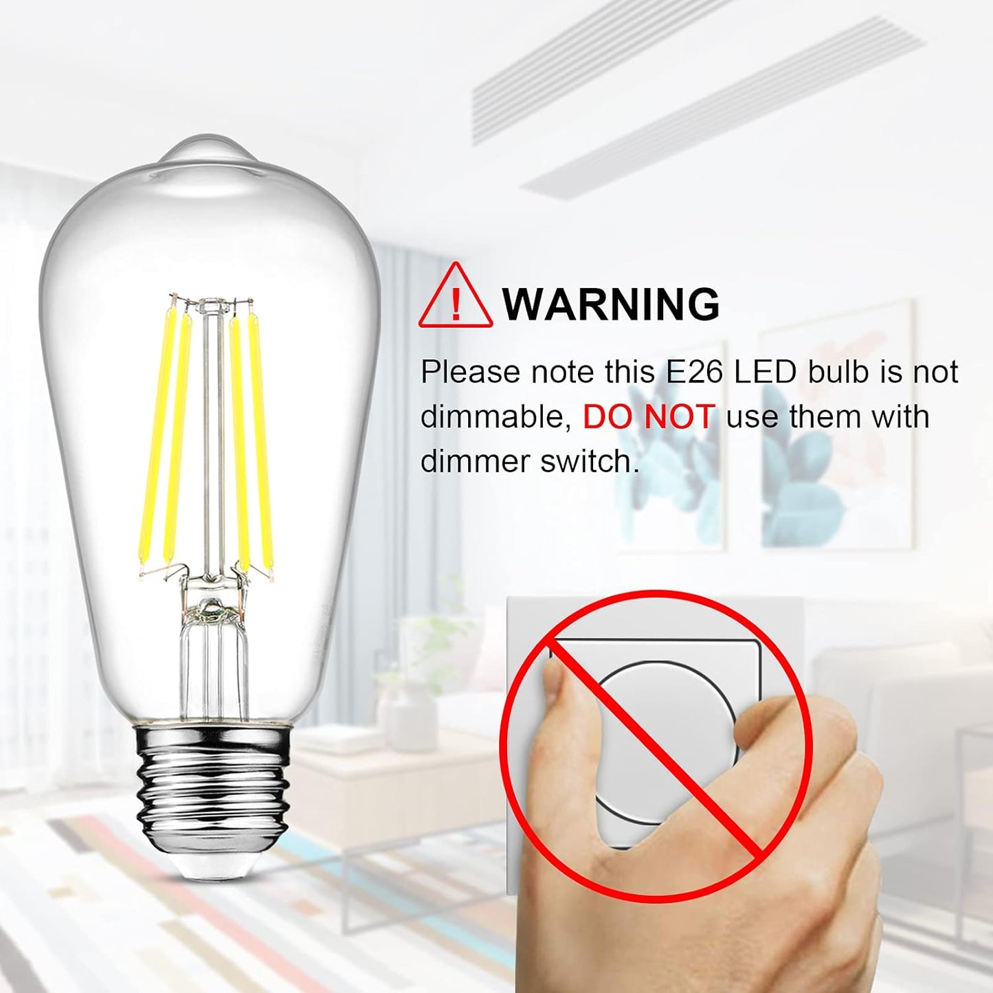 Vintage LED Edison Bulbs, 4W-6W-8W, Three light color options - warm yellow 3000k- Natural light 4000k- White light -6500k , E26 Medium Base, Non Dimmable, Clear Glass, Pack of 6