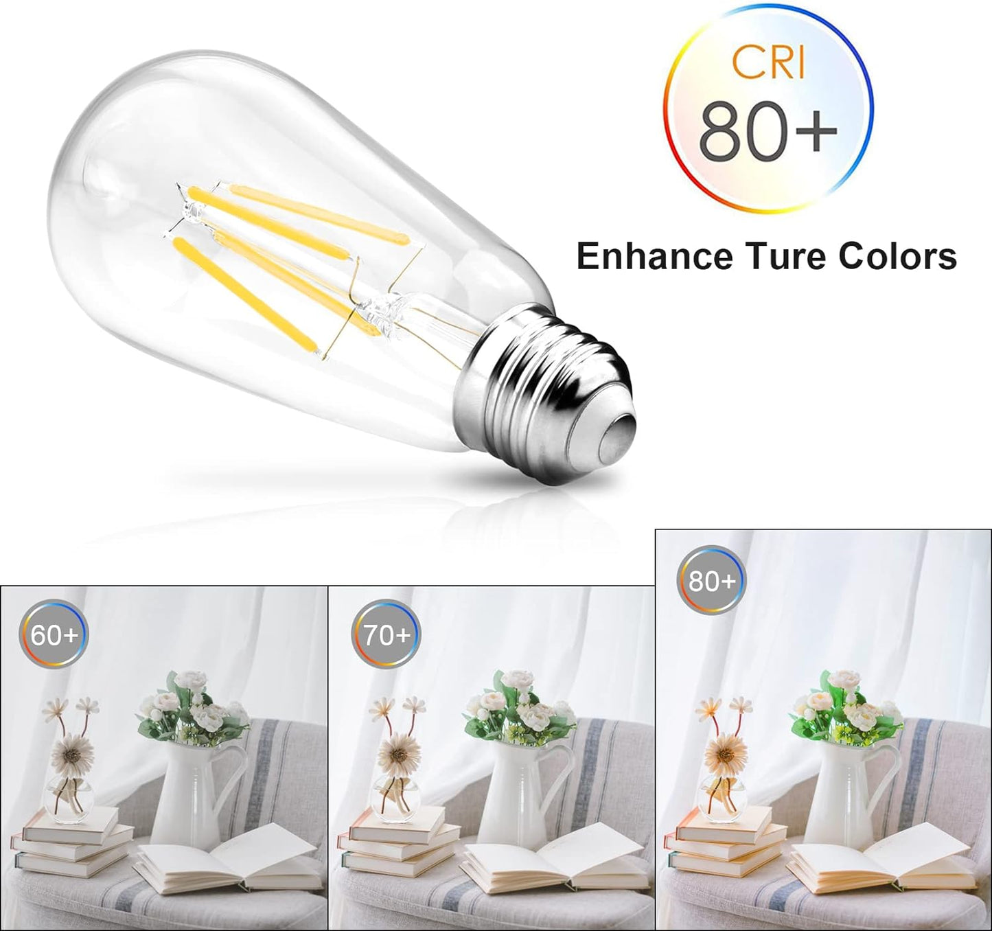 Vintage LED Edison Bulbs, 4W-6W-8W, Three light color options - warm yellow 3000k- Natural light 4000k- White light -6500k , E26 Medium Base, Non Dimmable, Clear Glass, Pack of 6