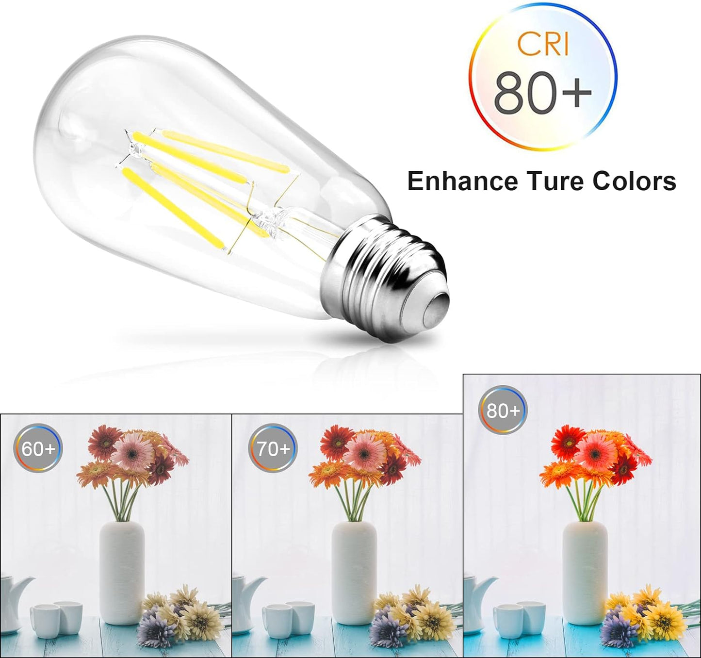 Vintage LED Edison Bulbs, 4W-6W-8W, Three light color options - warm yellow 3000k- Natural light 4000k- White light -6500k , E26 Medium Base, Non Dimmable, Clear Glass, Pack of 6