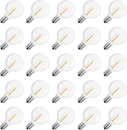 G40 Led Replacement Light Bulbs, E12 Screw Base Shatterproof Globe Bulbs for Outdoor String Lights, 1Watt Equvalent to 5 Watt Incandescent Bulbs,Warm White, 25Pack