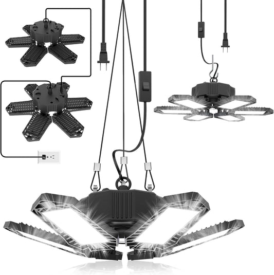 2 Pack Plug in Garage Light, Upgraded 200W 20000LM Linkable LED Shop Light, 6500K Ceiling Lights w/ 6 Deformable Panels for Garage, Warehouse, Barn, Basement (Built-in ON/Off Switch)