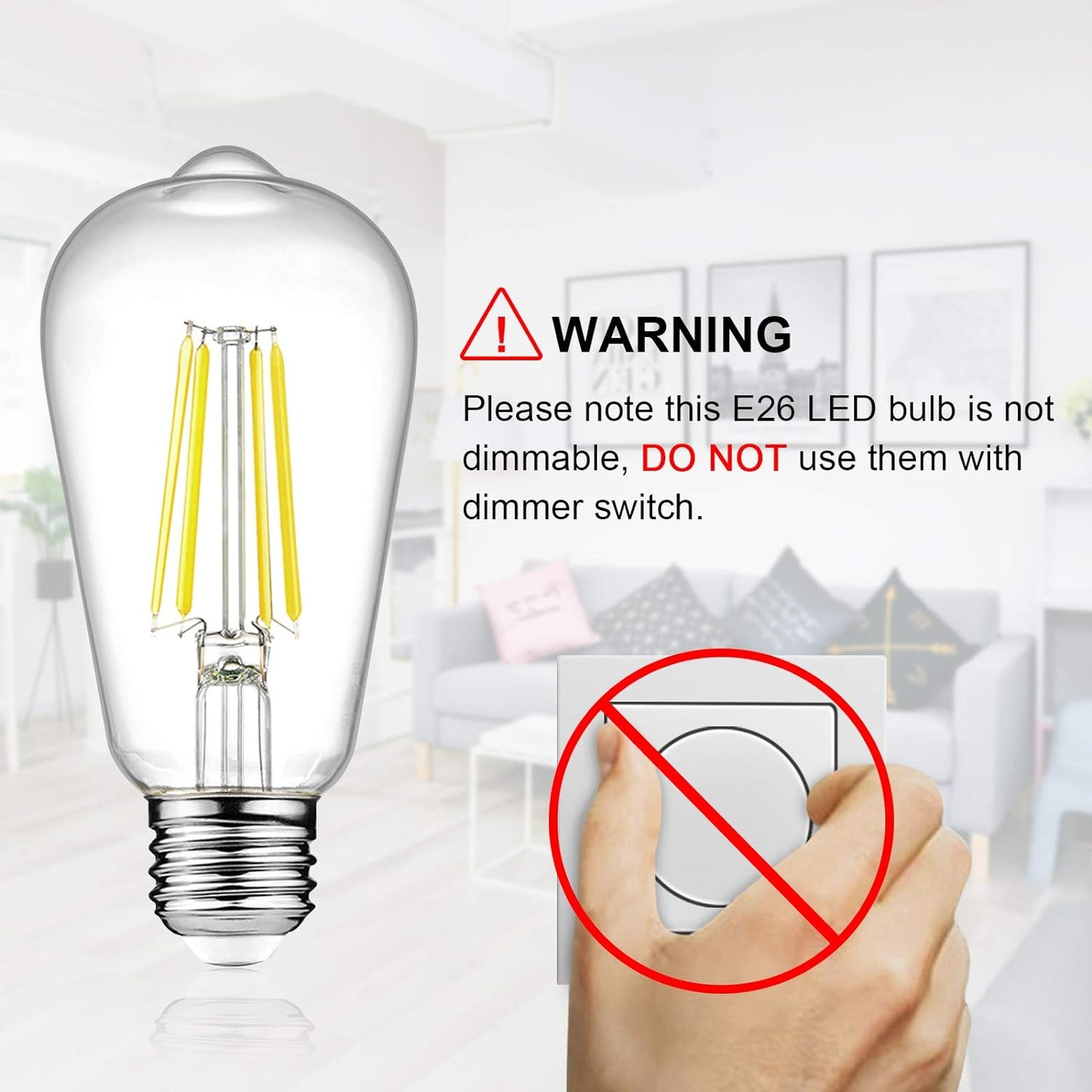 Vintage LED Edison Bulbs, 4W-6W-8W, Three light color options - warm yellow 3000k- Natural light 4000k- White light -6500k , E26 Medium Base, Non Dimmable, Clear Glass, Pack of 6