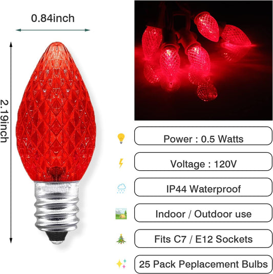 25 Pack C7 Led Replacement Bulbs, Commercial Grade 3 SMD LEDs in Each C7 Faceted Lights Bulb for Outdoor String Lights Decoration