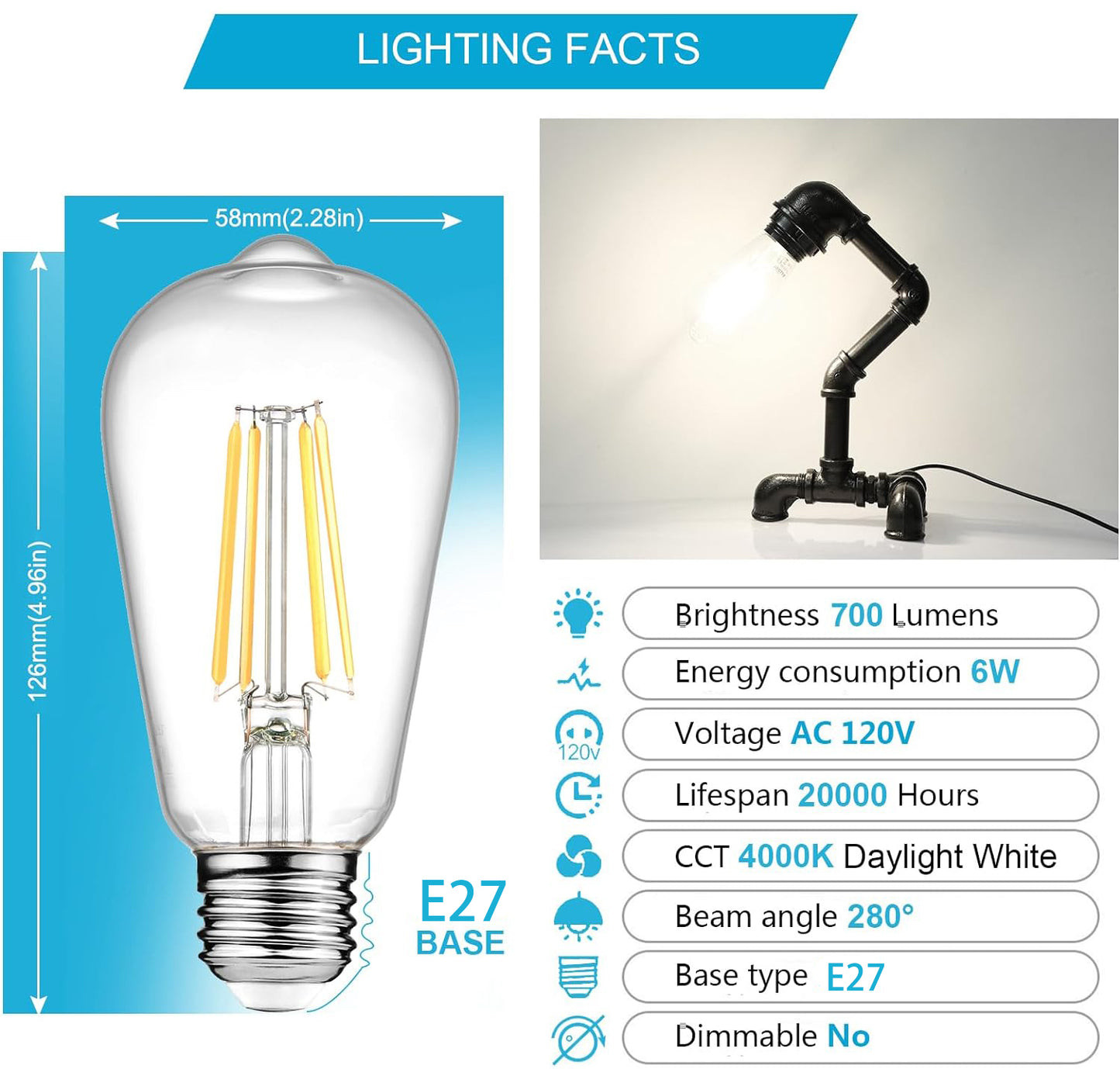 Vintage LED Edison Bulbs, 4W-6W-8W, Three light color options - warm yellow 3000k- Natural light 4000k- White light -6500k , E26 Medium Base, Non Dimmable, Clear Glass, Pack of 6