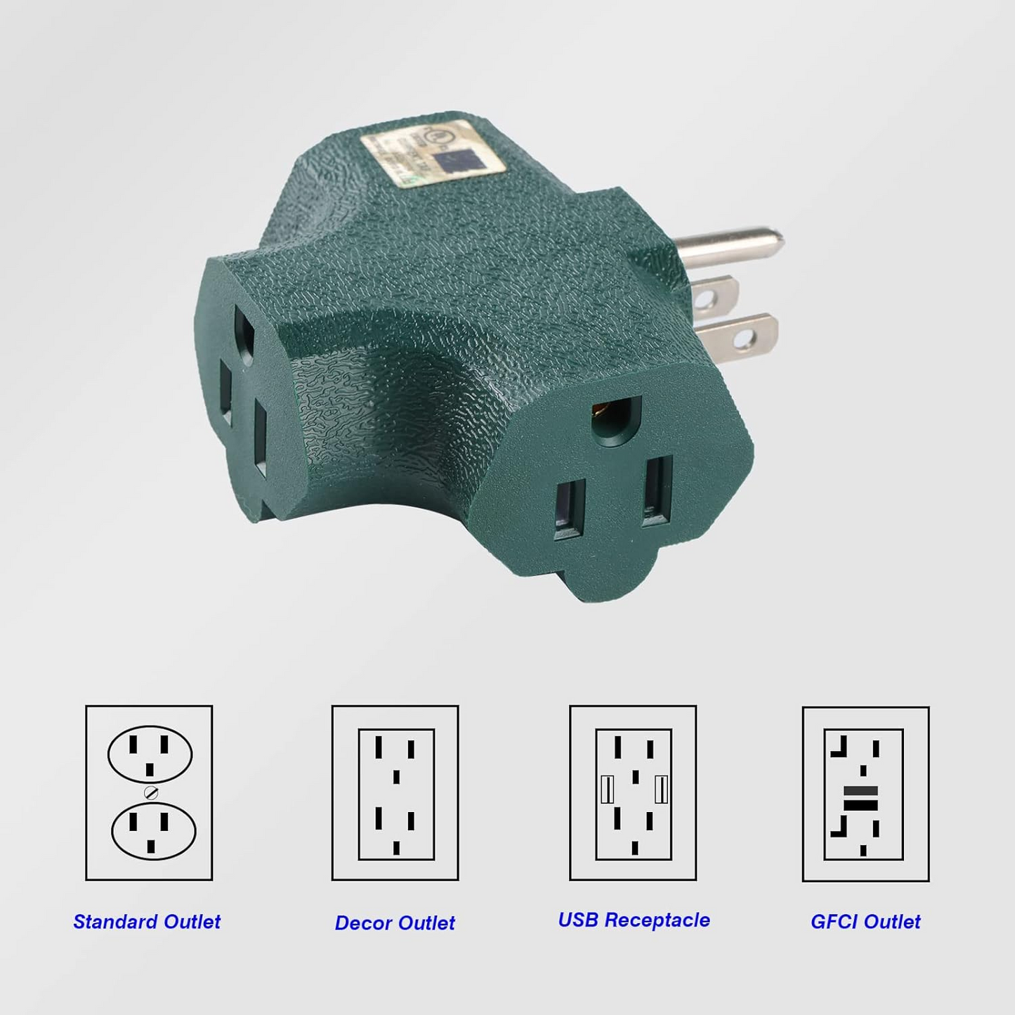 Outlet Extender [UL Listed] 3 Way Electrical Splitter - 3 T-Shaped Adapter Outdoor Power Splitter Grounded Wall Tap Adapter Heavy Duty (4, green)