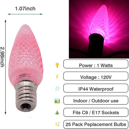 25 Pack C9 LED Replacement Christmas Light Bulb, C9 Shatterproof LED Bulb for Christmas String Light, E17 Intermediate Base, Commercial Grade Bulbs, 5 Diode (LED's-Pink)