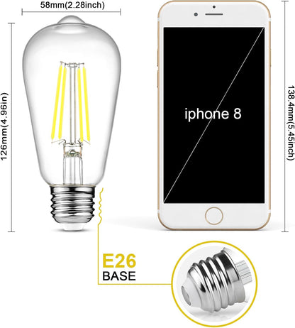 Vintage LED Edison Bulbs, 4W-6W-8W, Three light color options - warm yellow 3000k- Natural light 4000k- White light -6500k , E26 Medium Base, Non Dimmable, Clear Glass, Pack of 6