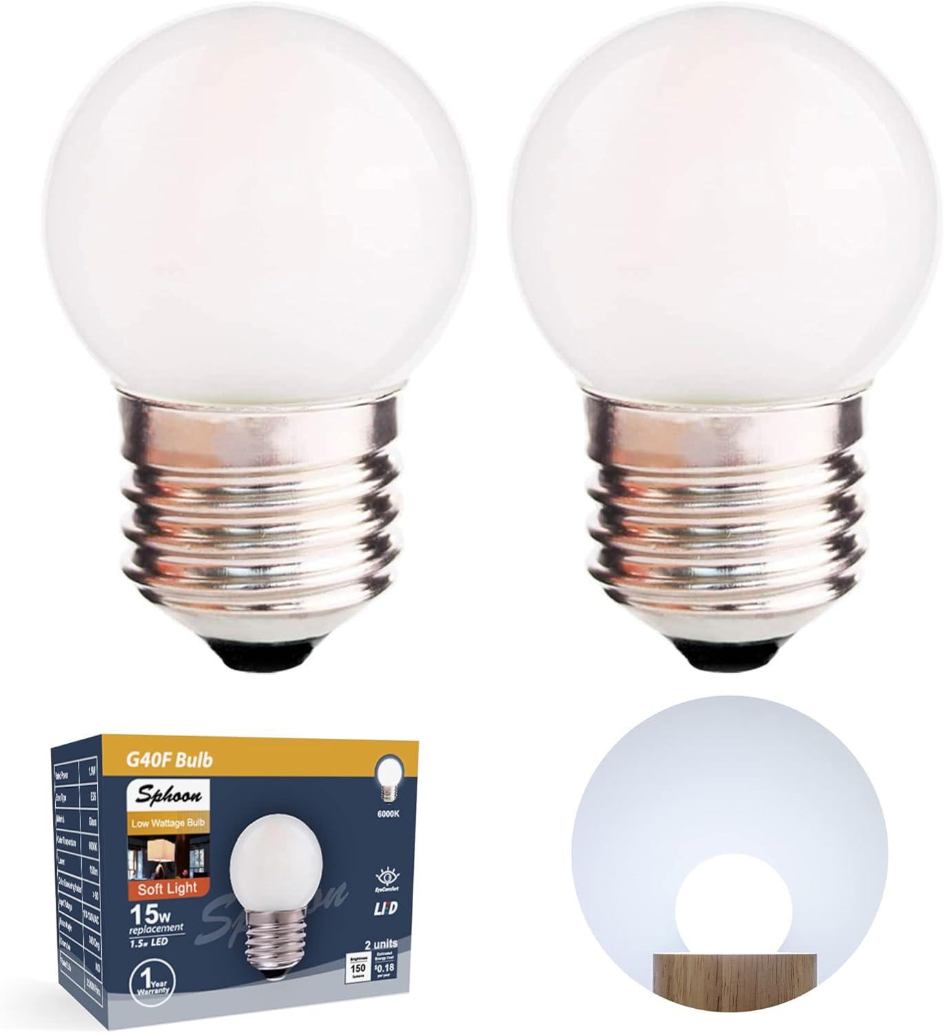 G40 1.5w Low Wattage Led Bulb Equivalent 15 Watt Standard E26 Base G14 Small Low Power Light Bulb, Frosted, Warm White 2700k, CRI 90+, 150lm, Pack of 2