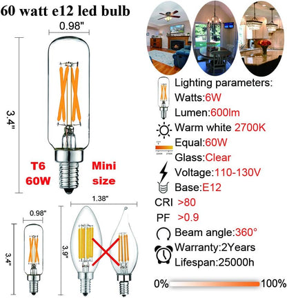 LED Bulb Dimmable 6W Equal Warm White 2700K T6 T25 E12 Candelabra Bulb 60 watt for Chandeliers,Ceiling Fan,Pendant,Wall sconces AC120V 600LM e12 Light Bulb 6Pack