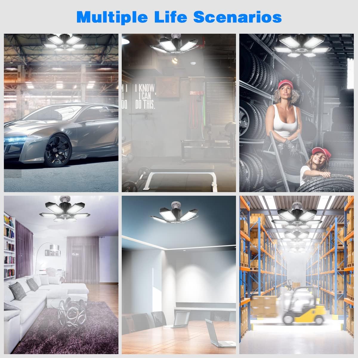 LED Garage Lights - 2 Pack Super Bright 32000LM LED Garage Ceiling Light 6500K LED Shop Light w/ 6 Deformable Panels Screw in E26/E27 Socket LED Bulbs for Workshop Storage Warehouse Attic