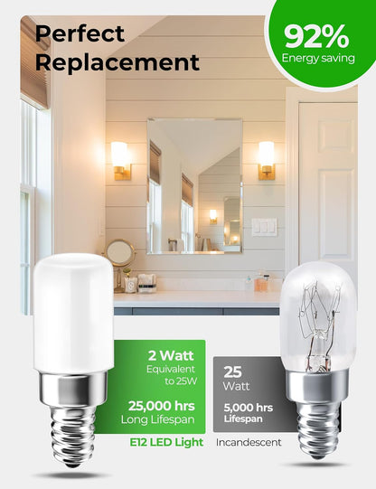2W E12 LED Night Light Bulb, Mini Type B C7 Light Bulb Equivalent 25W, Warm White 3000K, 120V E12 Edison Screw LED Bulb for Chandeliers, Salt Lamp, Non-Dimmable, 6-Pack