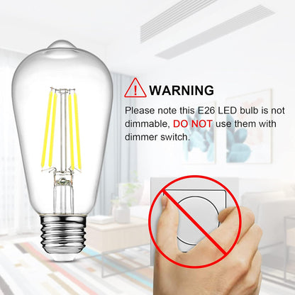 Vintage LED Edison Bulbs, 4W-6W-8W, Three light color options - warm yellow 3000k- Natural light 4000k- White light -6500k , E26 Medium Base, Non Dimmable, Clear Glass, Pack of 6