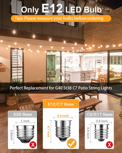 LED String Light Bulbs, ST38 Shatterproof LED Replacement Bulbs for Outdoor String Lights Eidison Bulb fits E12 C7 Screw Base, 1Watt Equvanlent to 7Watt Incandescant Bulbs, Warm White, 25 Pack