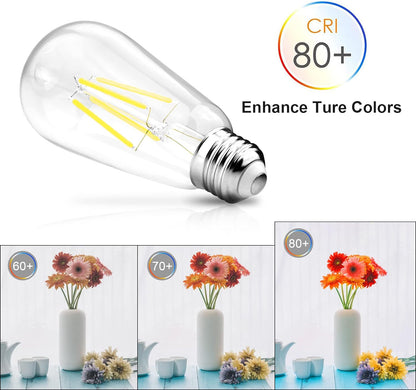 Vintage LED Edison Bulbs, 4W-6W-8W, Three light color options - warm yellow 3000k- Natural light 4000k- White light -6500k , E26 Medium Base, Non Dimmable, Clear Glass, Pack of 6