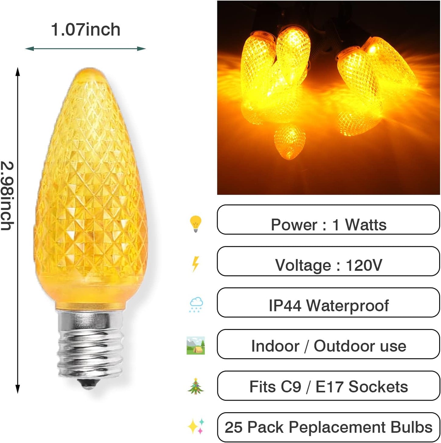 25 Pack C9 LED Replacement Christmas Light Bulb, C9 Shatterproof LED Bulb for Christmas String Light, E17 Intermediate Base, Commercial Grade Bulbs, 5 Diode (LED's-Yellow)