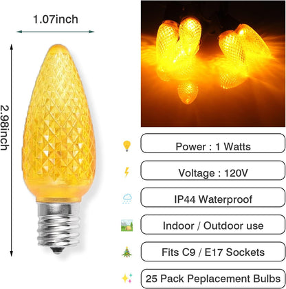 25 Pack C9 LED Replacement Christmas Light Bulb, C9 Shatterproof LED Bulb for Christmas String Light, E17 Intermediate Base, Commercial Grade Bulbs, 5 Diode (LED's-Yellow)