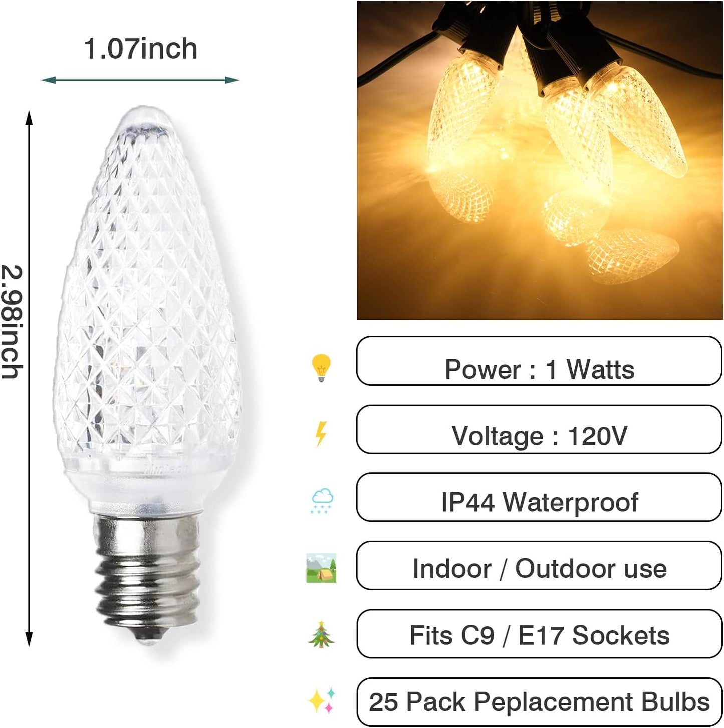 25 Pack C9 LED Replacement Christmas Light Bulb, C9 Shatterproof LED Bulb for Christmas String Light, E17 Intermediate Base, Commercial Grade Bulbs, 5 Diode (LED's-Warm Whie)