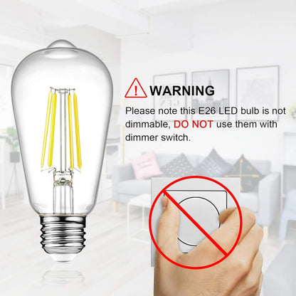 Vintage LED Edison Bulbs, 4W-6W-8W, Three light color options - warm yellow 3000k- Natural light 4000k- White light -6500k , E26 Medium Base, Non Dimmable, Clear Glass, Pack of 6