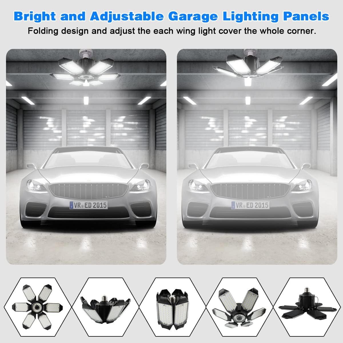 LED Garage Lights - 2 Pack Super Bright 32000LM LED Garage Ceiling Light 6500K LED Shop Light w/ 6 Deformable Panels Screw in E26/E27 Socket LED Bulbs for Workshop Storage Warehouse Attic
