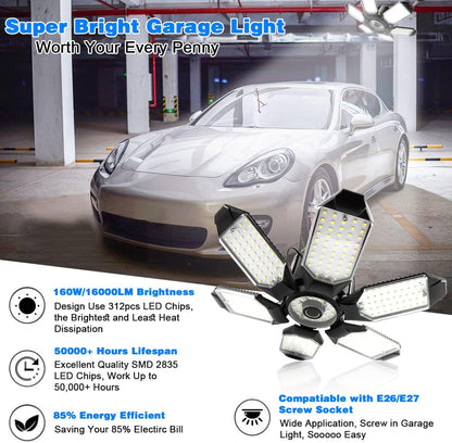 LED Garage Lights - 2 Pack Super Bright 32000LM LED Garage Ceiling Light 6500K LED Shop Light w/ 6 Deformable Panels Screw in E26/E27 Socket LED Bulbs for Workshop Storage Warehouse Attic