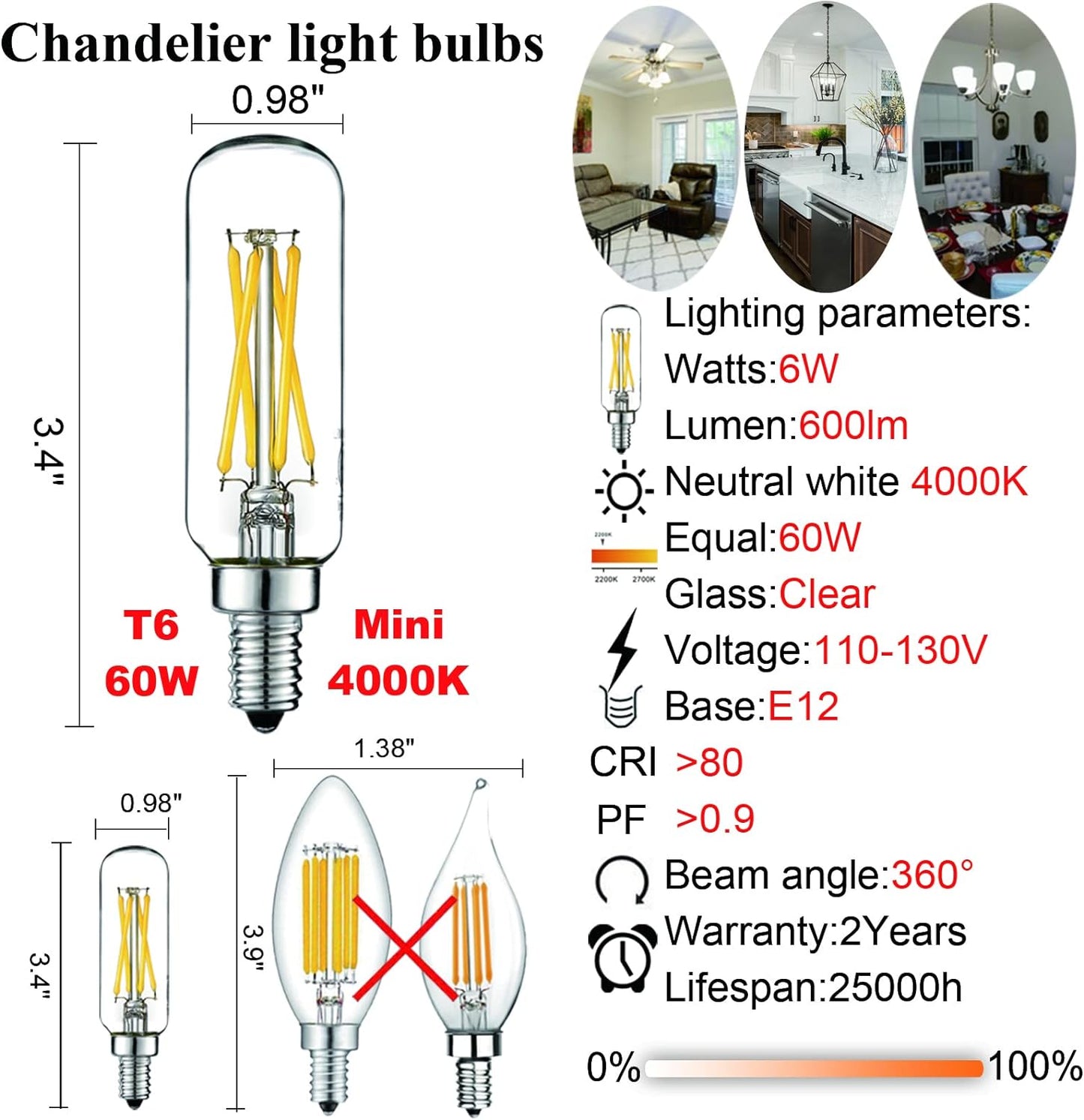 LED Bulb Dimmable 6W Equal Warm White 2700K T6 T25 E12 Candelabra Bulb 60 watt for Chandeliers,Ceiling Fan,Pendant,Wall sconces AC120V 600LM e12 Light Bulb 6Pack