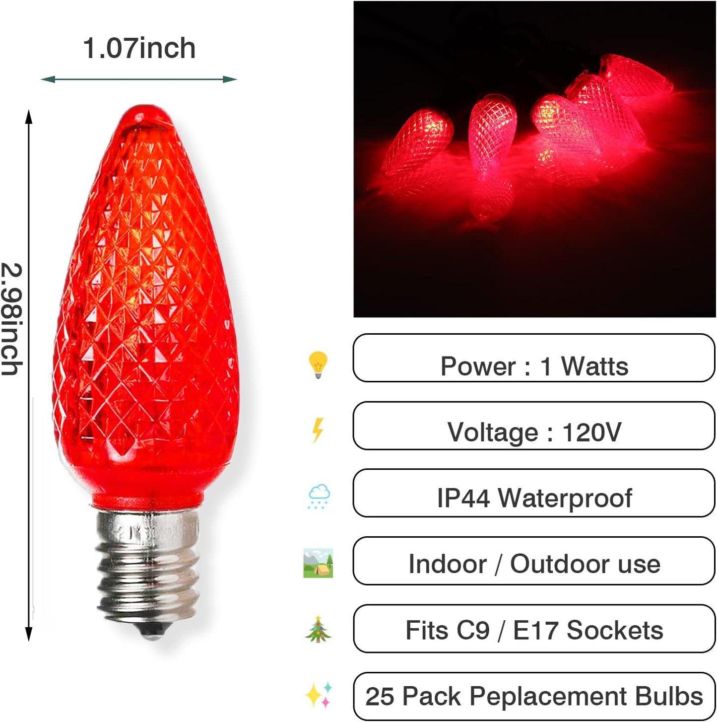 25 Pack C9 LED Replacement Christmas Light Bulb, C9 Shatterproof LED Bulb for Christmas String Light, E17 Intermediate Base, Commercial Grade Bulbs, 5 Diode (LED's-Red)