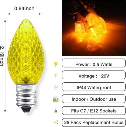 25 Pack C7 Led Replacement Bulbs, Commercial Grade 3 SMD LEDs in Each C7 Faceted Lights Bulb for Outdoor String Lights Decoration (Yellow)