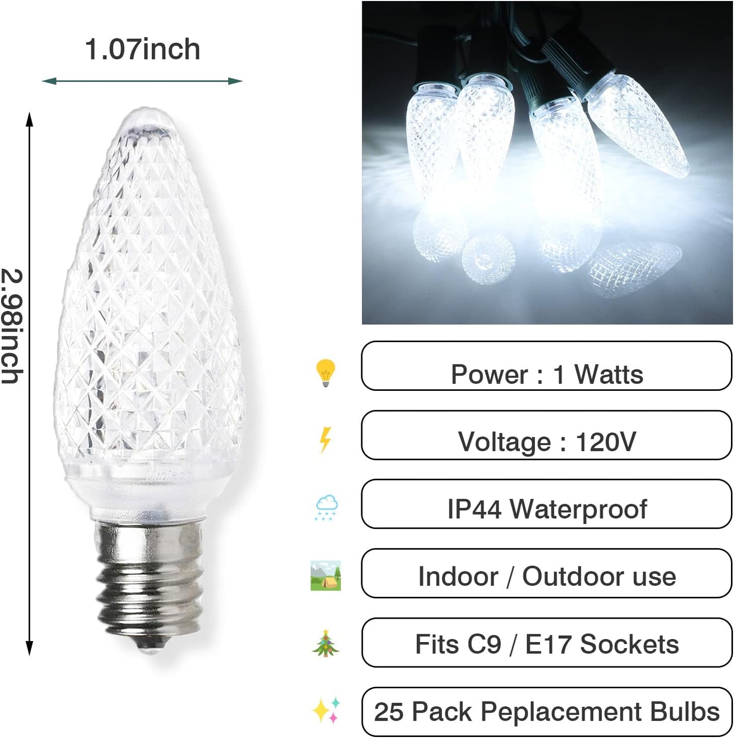 25 Pack C9 LED Replacement Christmas Light Bulb, C9 Shatterproof LED Bulb for Christmas String Light, E17 Intermediate Base, Commercial Grade Bulbs, 5 Diode (LED's-White)