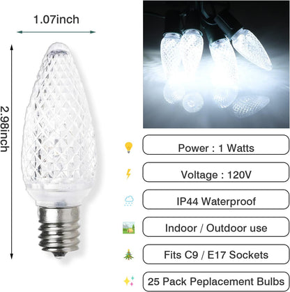 25 Pack C9 LED Replacement Christmas Light Bulb, C9 Shatterproof LED Bulb for Christmas String Light, E17 Intermediate Base, Commercial Grade Bulbs, 5 Diode (LED's-White)
