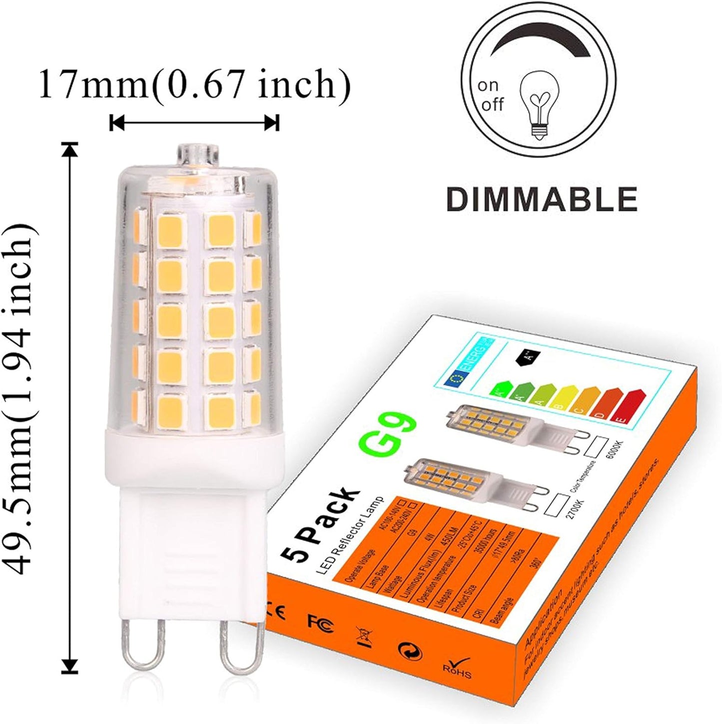 G9 LED Bulb Dimmable 4W, 40 Watt T4 G9 Halogen Equivalent, 2700K Soft Warm White, 120V No-Flicker, Chandelier Lighting 450LM (5 Pack)