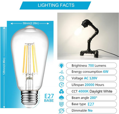 Vintage LED Edison Bulbs, 4W-6W-8W, Three light color options - warm yellow 3000k- Natural light 4000k- White light -6500k , E26 Medium Base, Non Dimmable, Clear Glass, Pack of 6